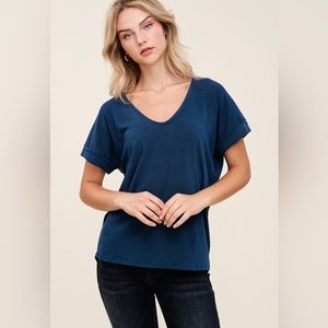 Summer 10 Dark Teal Blue V Neck Short Sleeve Knit Top
